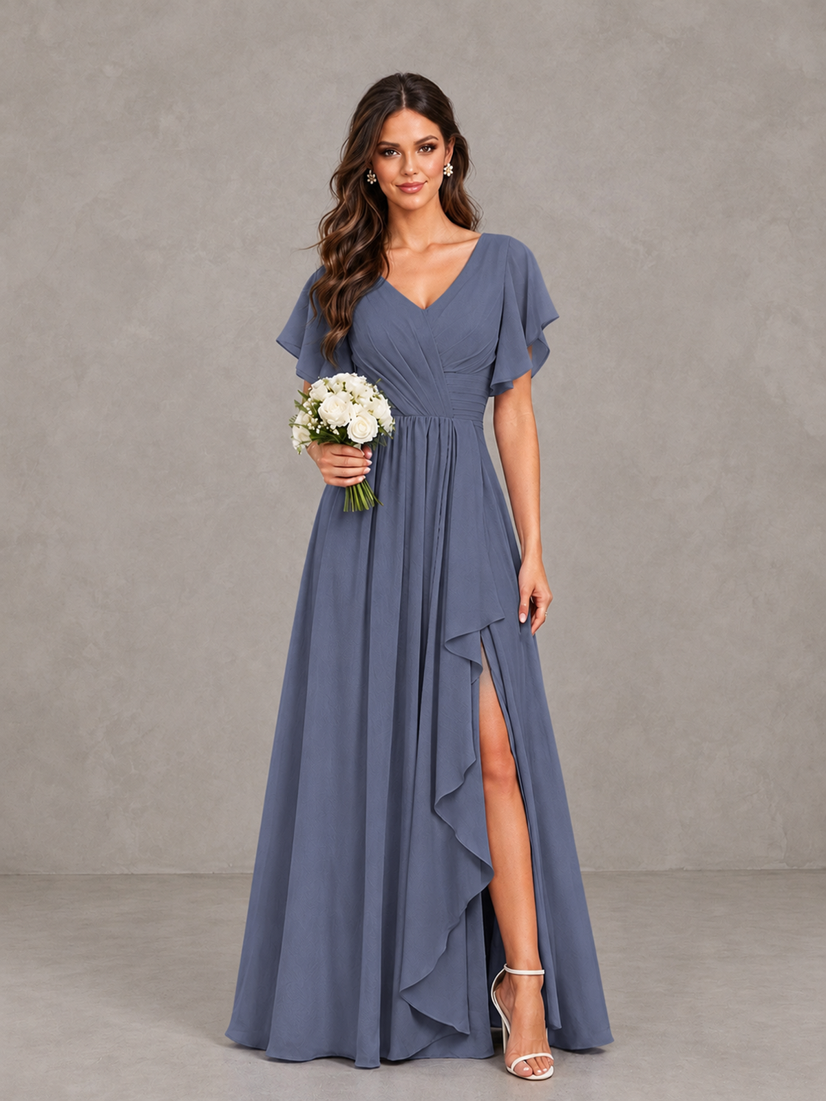 BOLODOO Stormy Blue Flutter Sleeve V-Neck Bridesmaid Dress with Ruffle Slit - Stormy Blue - Stormy Blue_1