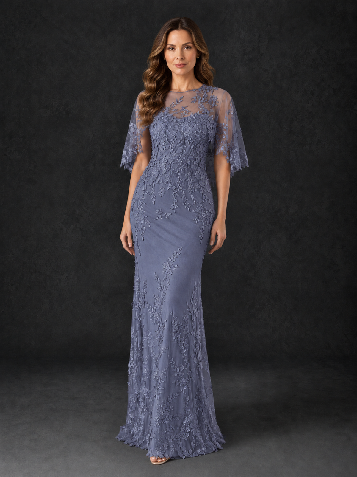 BOLODOO Stormy Blue Botanical Lace Flutter Sleeve Mermaid Gown - Stormy Blue - Stormy_Blue_1