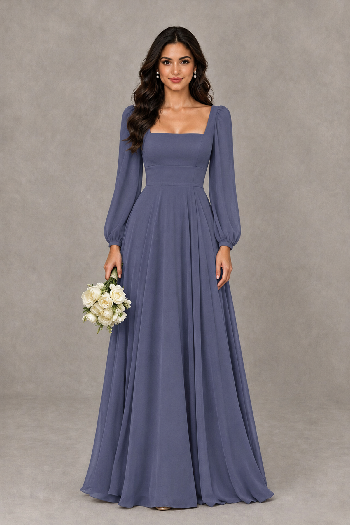 BOLODOO Stormy Blue Square Neck Long Sleeve A-Line Bridesmaid Dress - Stormy Blue - Stormy Blue_1