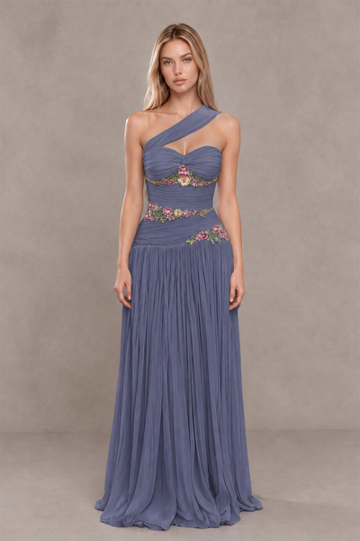 BOLODOO Stormy Blue One-Shoulder Floral Applique A-Line Evening Dress - Stormy Blue - Stormy Blue_1
