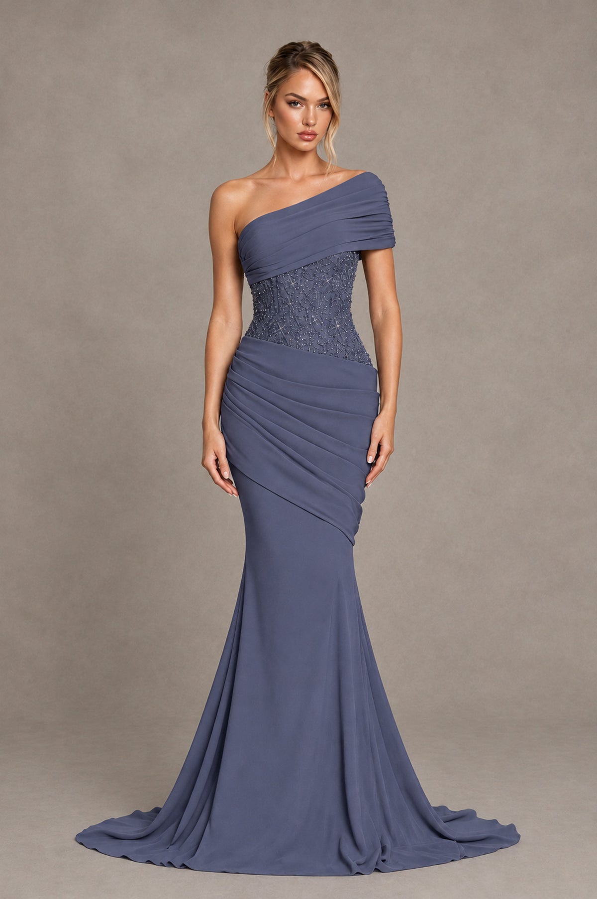 BOLODOO Stormy Blue One-Shoulder Sequin Embroidered Ruched Mermaid Gown with Train - Stormy Blue - Stormy Blue_1