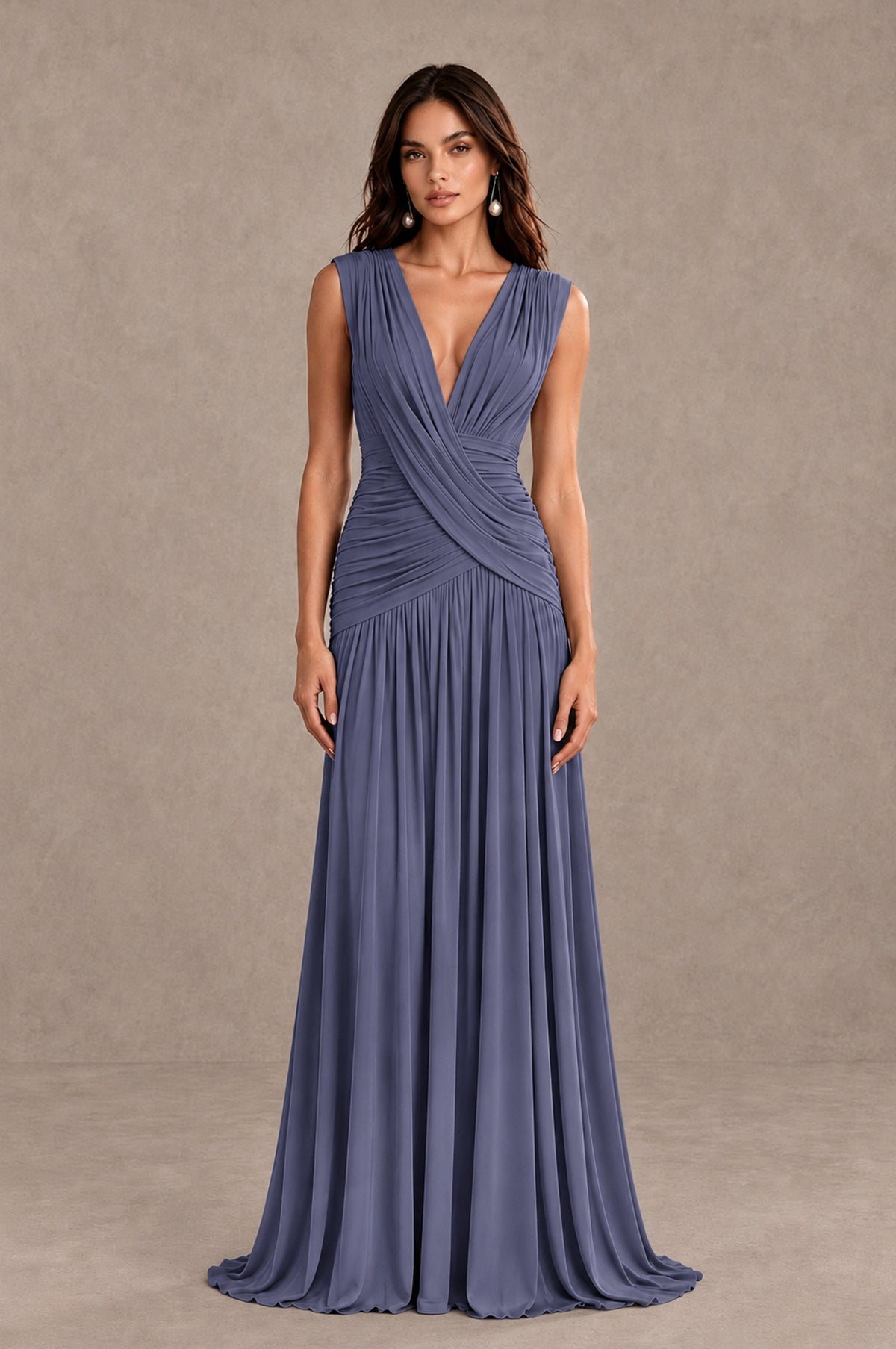 BOLODOO Stormy Blue V-Neck Ruched Wedding Guest Dress - Stormy Blue - Stormy Blue_1
