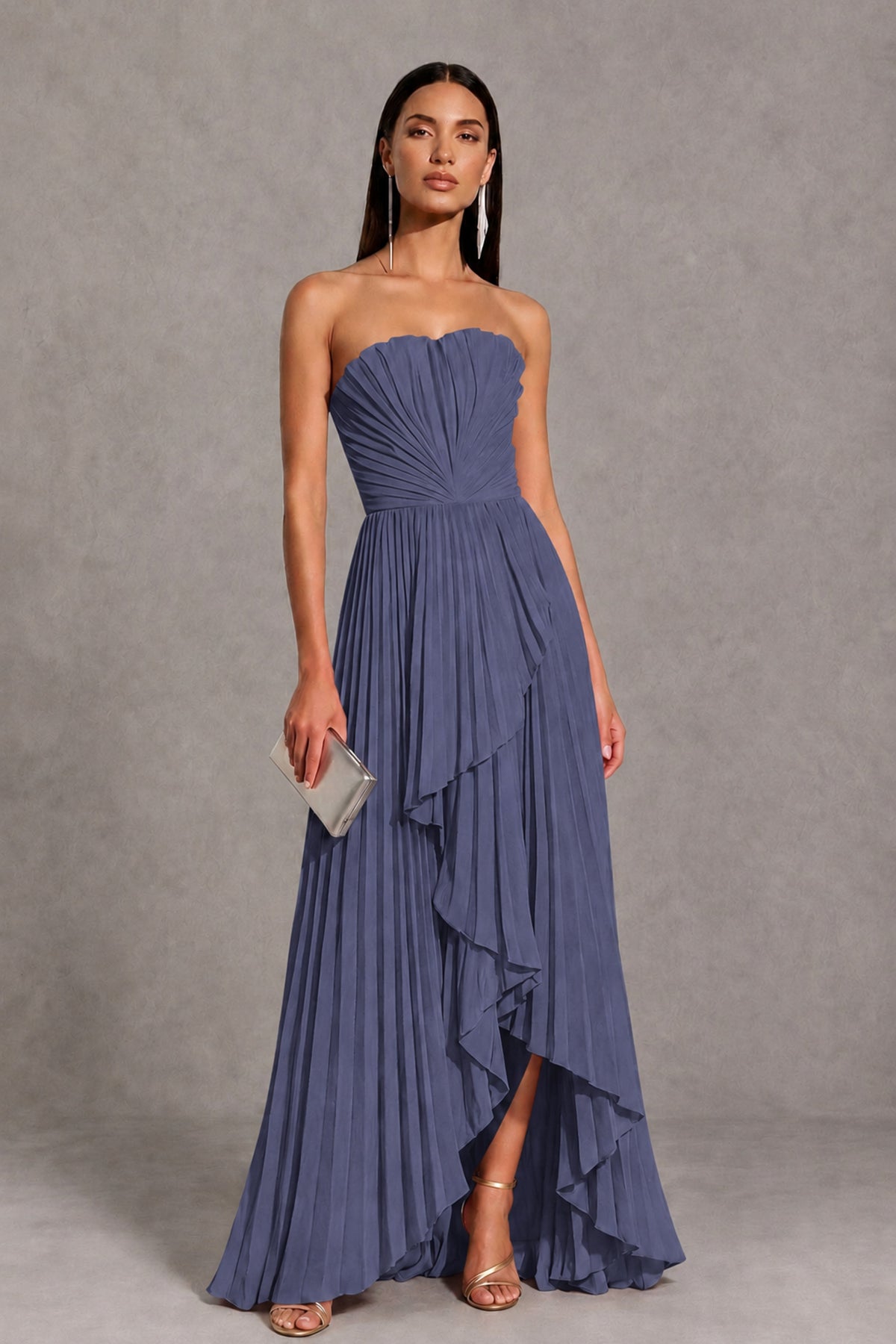 Stormy Blue Strapless Pleated High-Low Evening Gown with Ruffle Hem - Stormy Blue - Stormy_Blue_1