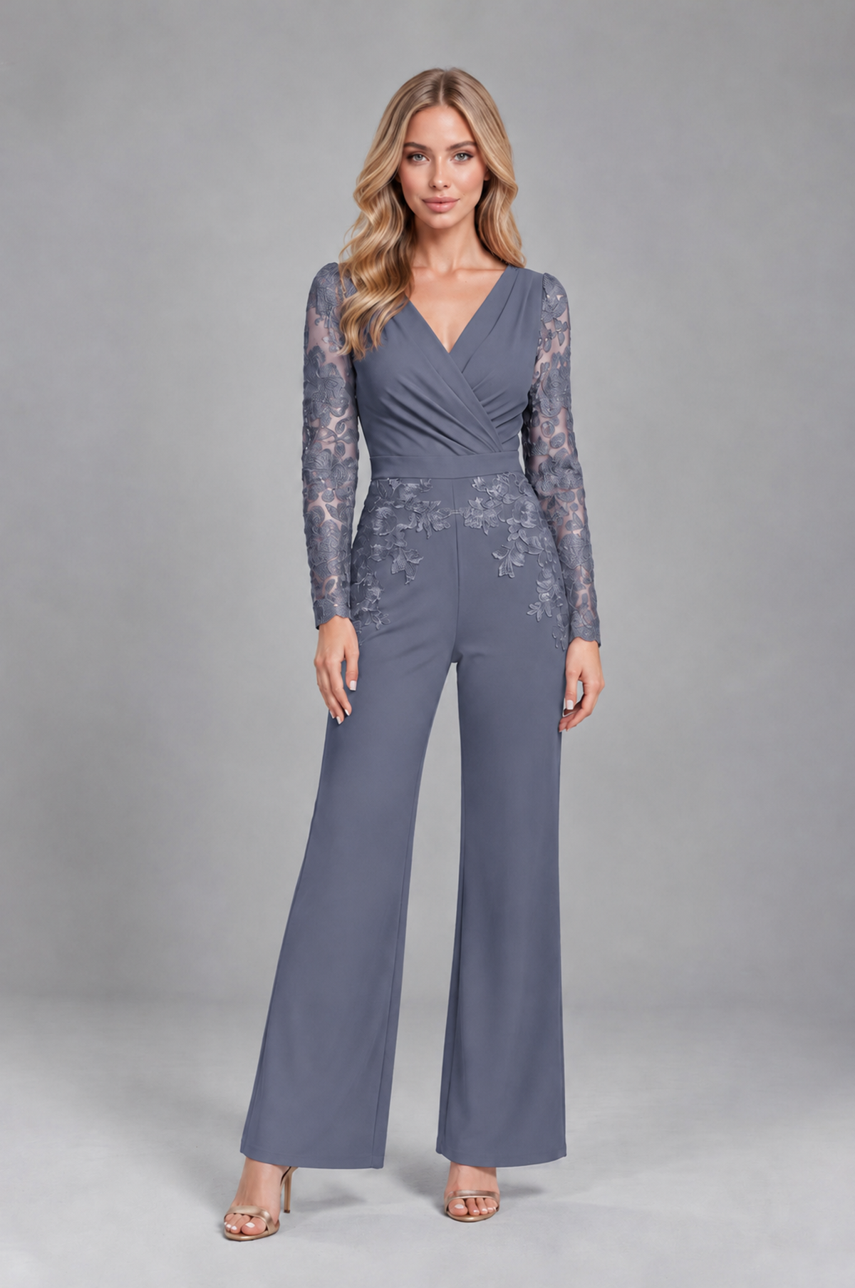 BOLODOO Stormy Blue Lace Long-Sleeve V-Neck Mother Pant Suit - Stormy Blue - Stormy Blue_1
