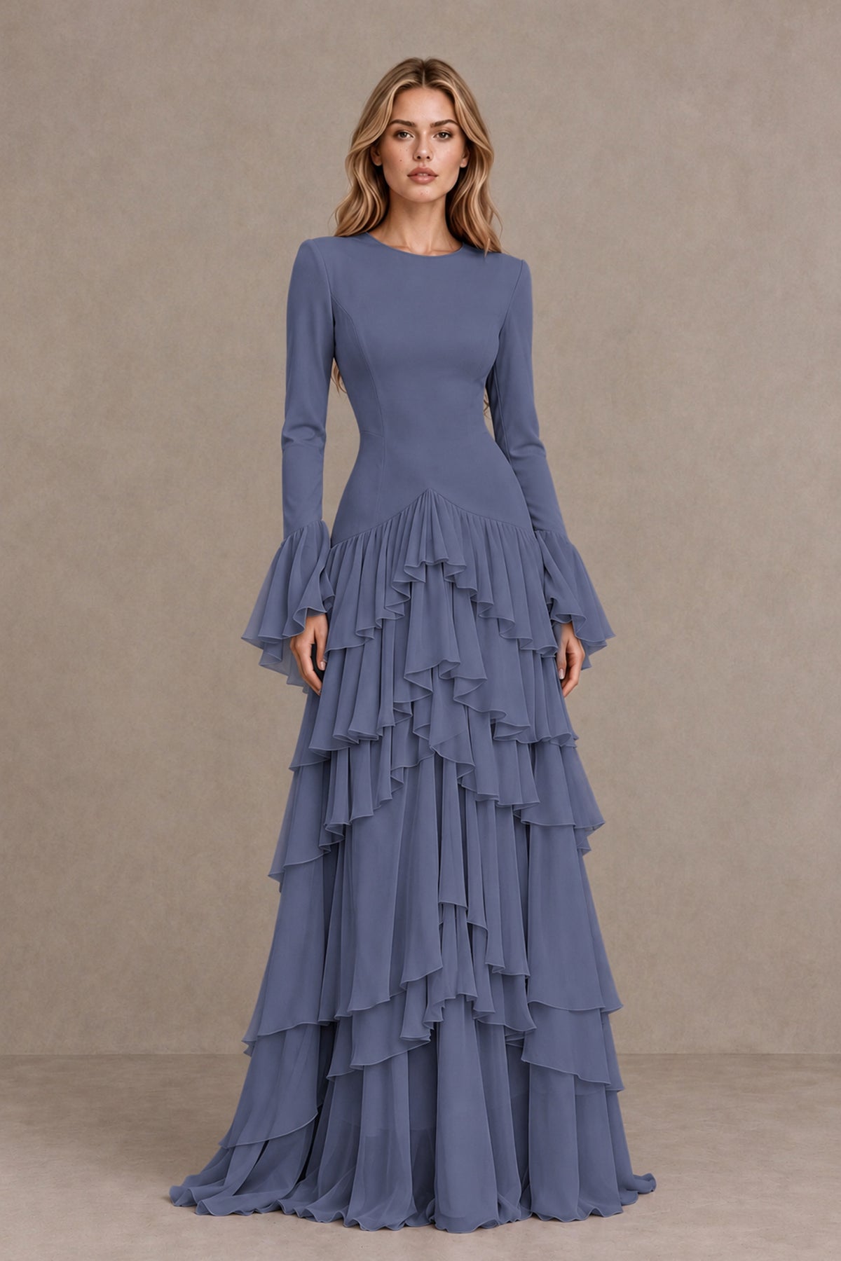 Stormy Blue Long Sleeve Tiered Ruffle Evening Gown - Stormy Blue - Stormy Blue_1