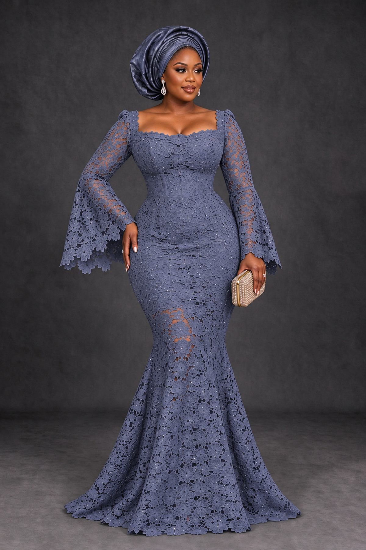 BOLODOO Stormy Blue African Lace Mermaid Dress, Plus Size Nigerian Wedding Guest Gown with Bell Sleeves - Stormy Blue - Stormy Blue_1