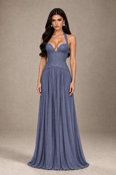 BOLODOO Stormy Blue Halter Corset Pleated A-Line Evening Dress - Stormy Blue - Stormy Blue_1