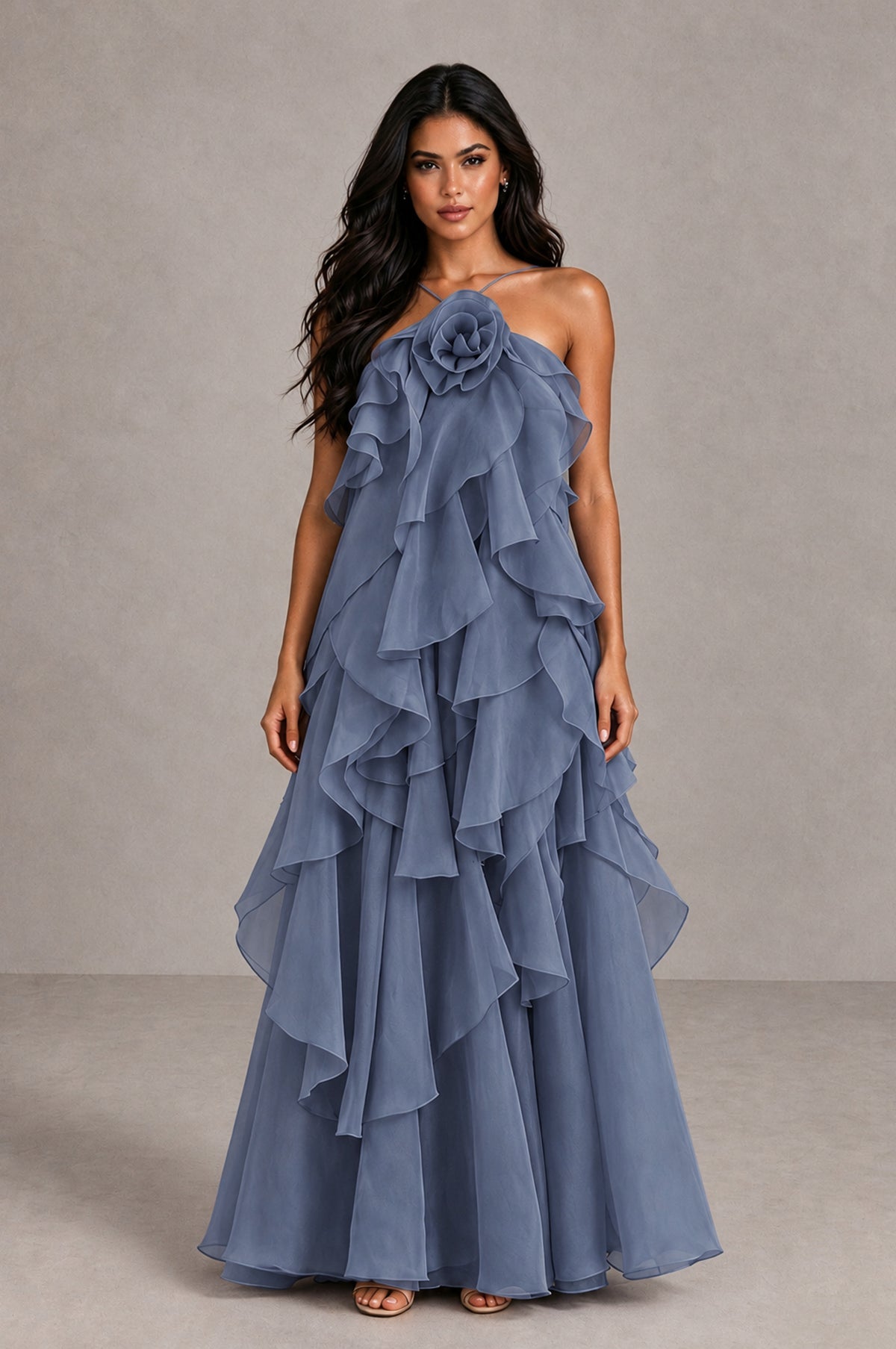 BOLODOO Stormy Blue Cascading Ruffle Rosette Open-Back Maxi Dress - Stormy Blue - Stormy Blue_1