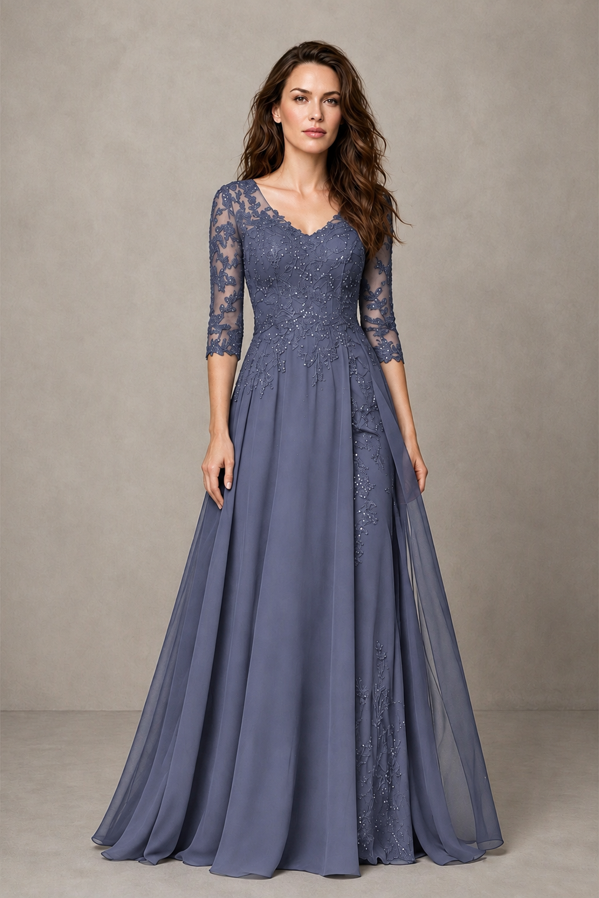 BOLODOO Midnight Stormy Blue Beaded Lace Appliqué Chiffon A-Line Gown | Mother of the Bride & Formal Evening Dress - Stormy Blue - Stormy Blue_1