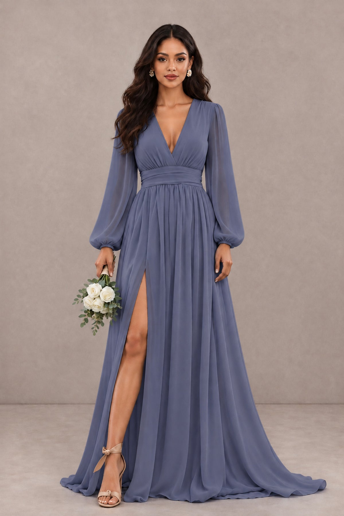 BOLODOO Stormy Blue Long Sleeve V-Neck A-Line Gown with Open Back & Slit - Stormy Blue - Stormy Blue_1