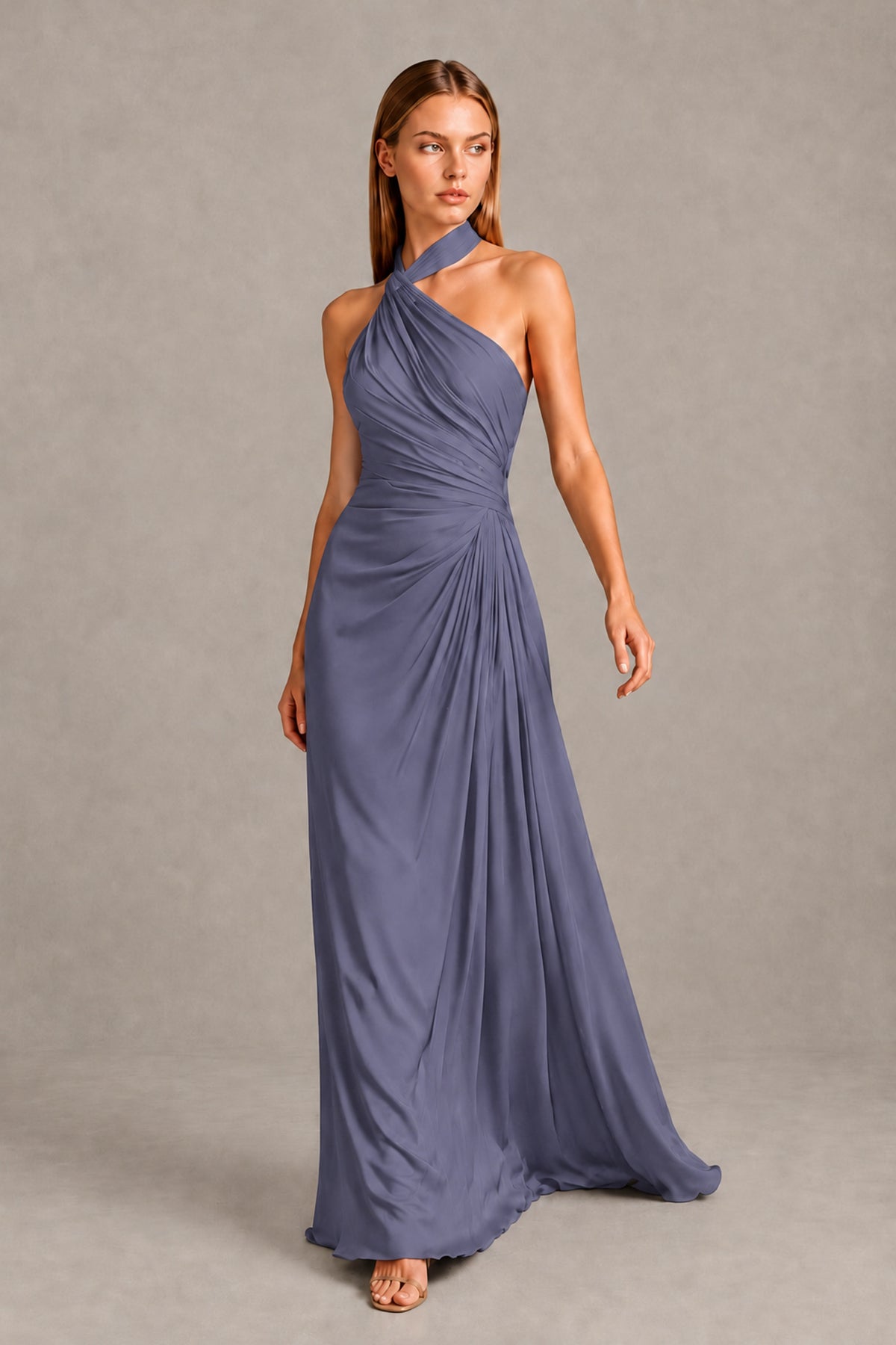 BOLODOO Stormy Blue Twisted Halter Neck Ruched Sleeveless Open Back Floor-Length Gown - Stormy Blue - Stormy_Blue_1