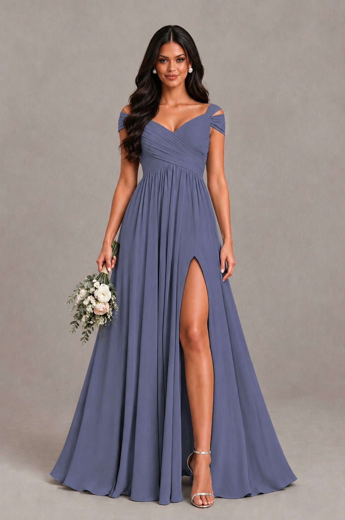 BOLODOO Stormy Blue Cold Shoulder Chiffon Evening Dress with V Neck and High Slit - Stormy Blue - Stormy Blue_1