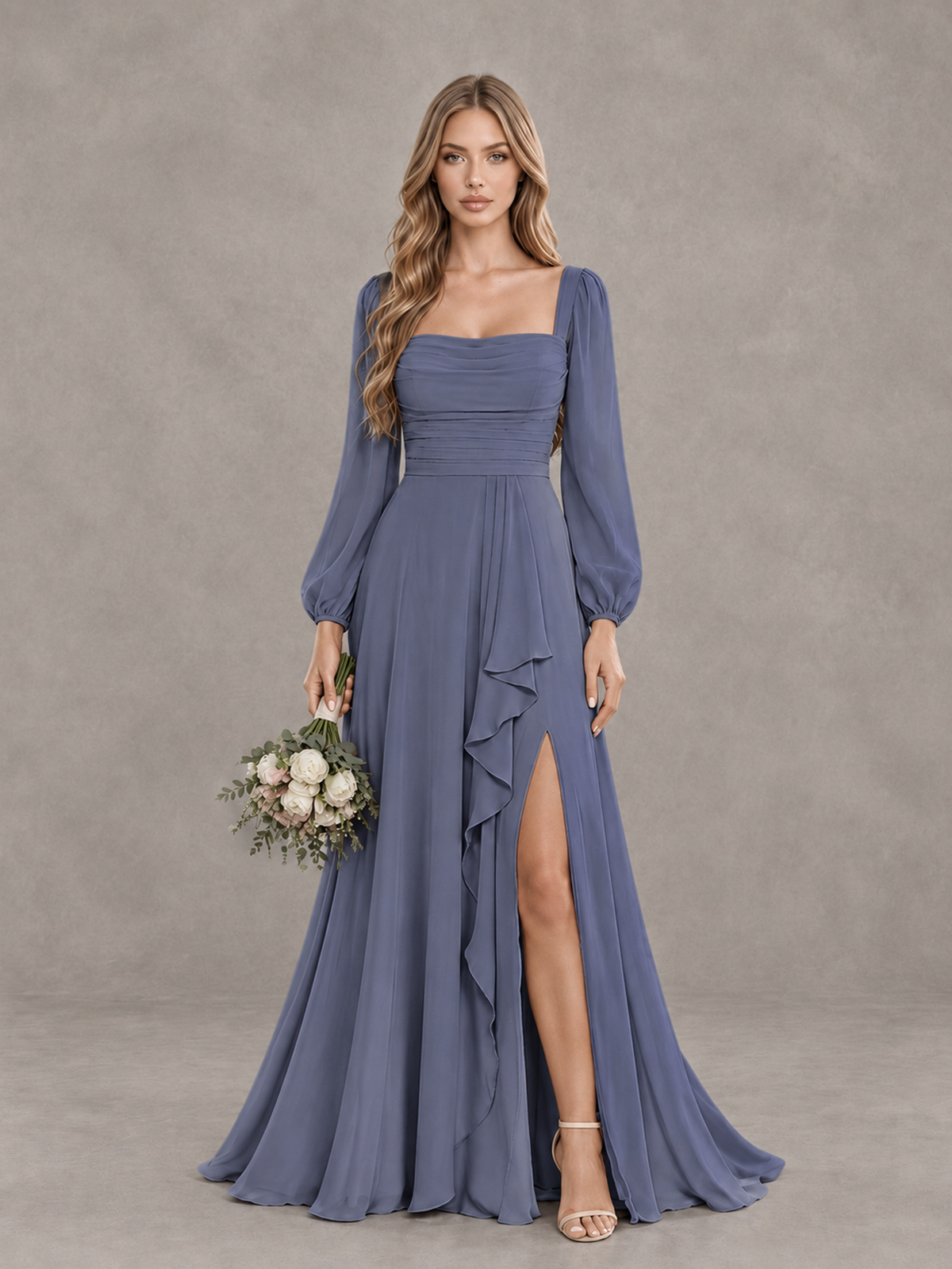 BOLODOO Stormy Blue Square Neck Long Sleeve Bridesmaid Dress with Ruffle Slit - Stormy Blue - Stormy Blue_1
