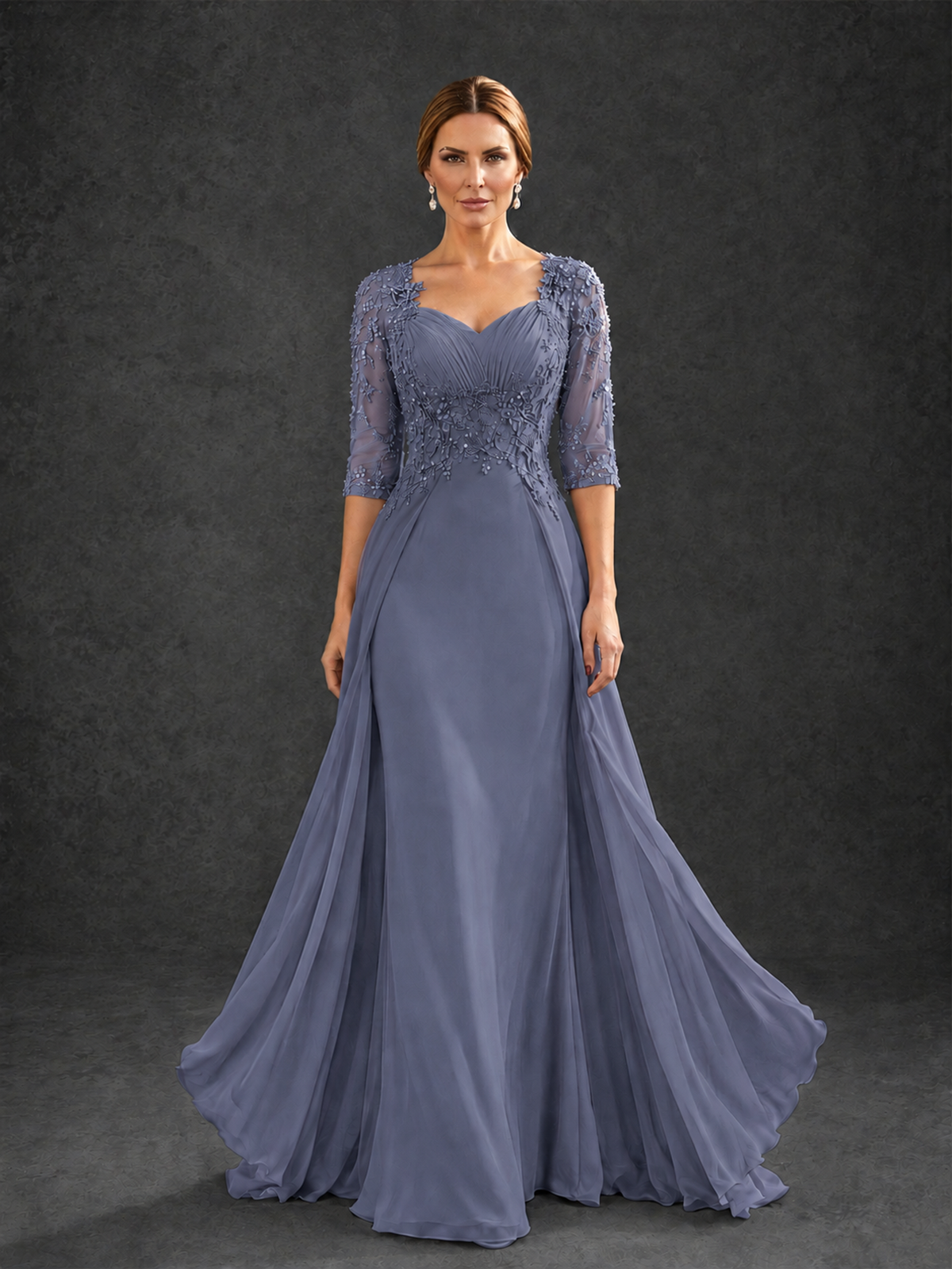 BOLODOO Stormy Blue Sweetheart Neck 3/4 Sleeve Floral Lace Illusion Bodice Chiffon A-Line Gown - Stormy Blue - Stormy Blue_1
