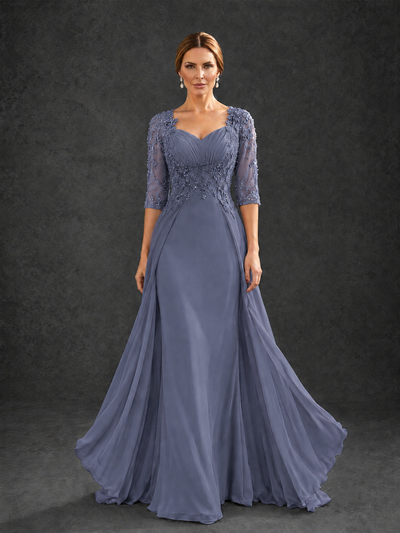 BOLODOO Stormy Blue Sweetheart Neck 3/4 Sleeve Floral Lace Illusion Bodice Chiffon A-Line Gown - Stormy Blue - Stormy Blue_1