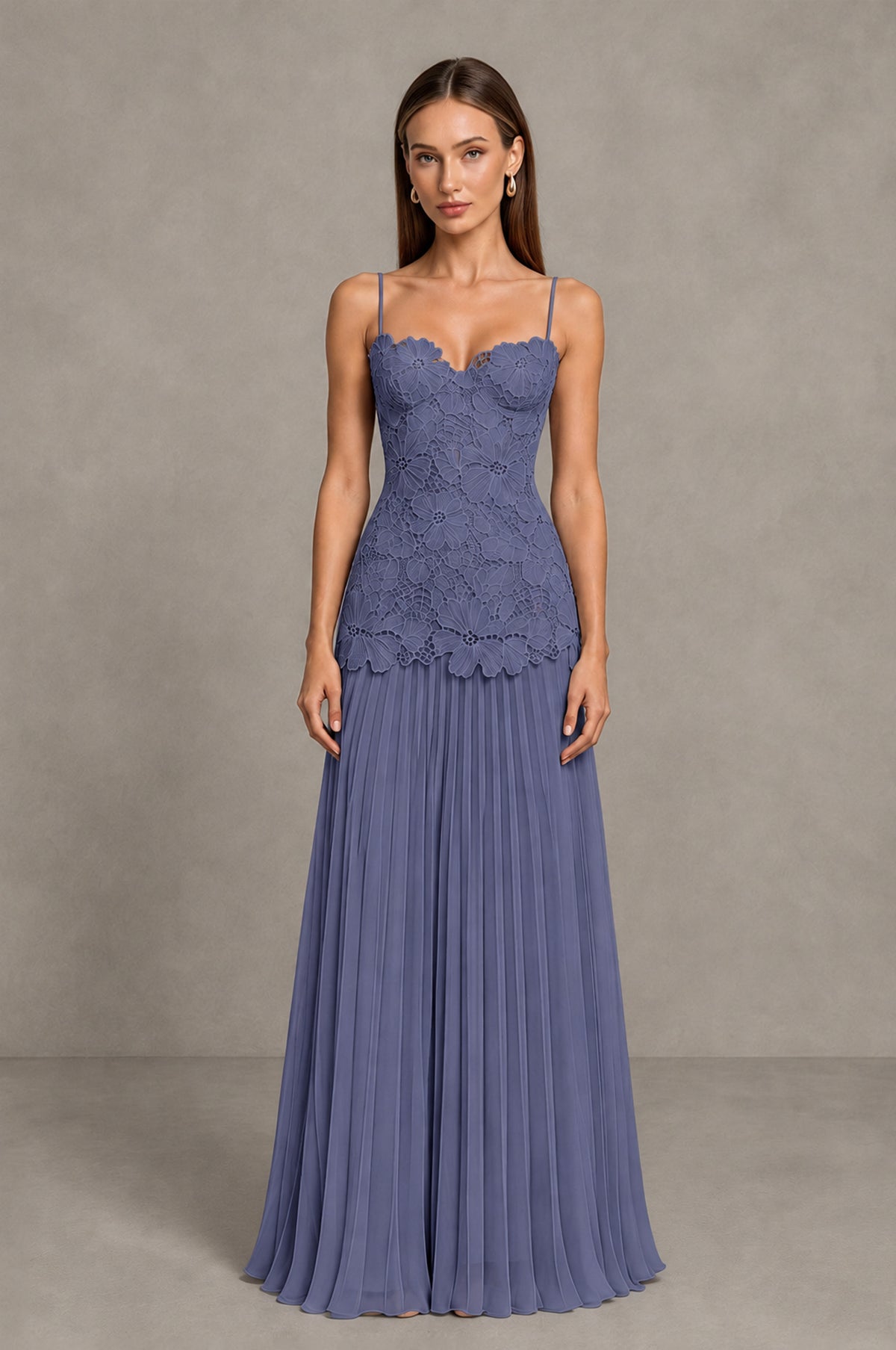 BOLODOO Stormy Blue Lace Bodice Pleated Wedding Guest Dress - Stormy Blue - Stormy Blue_1