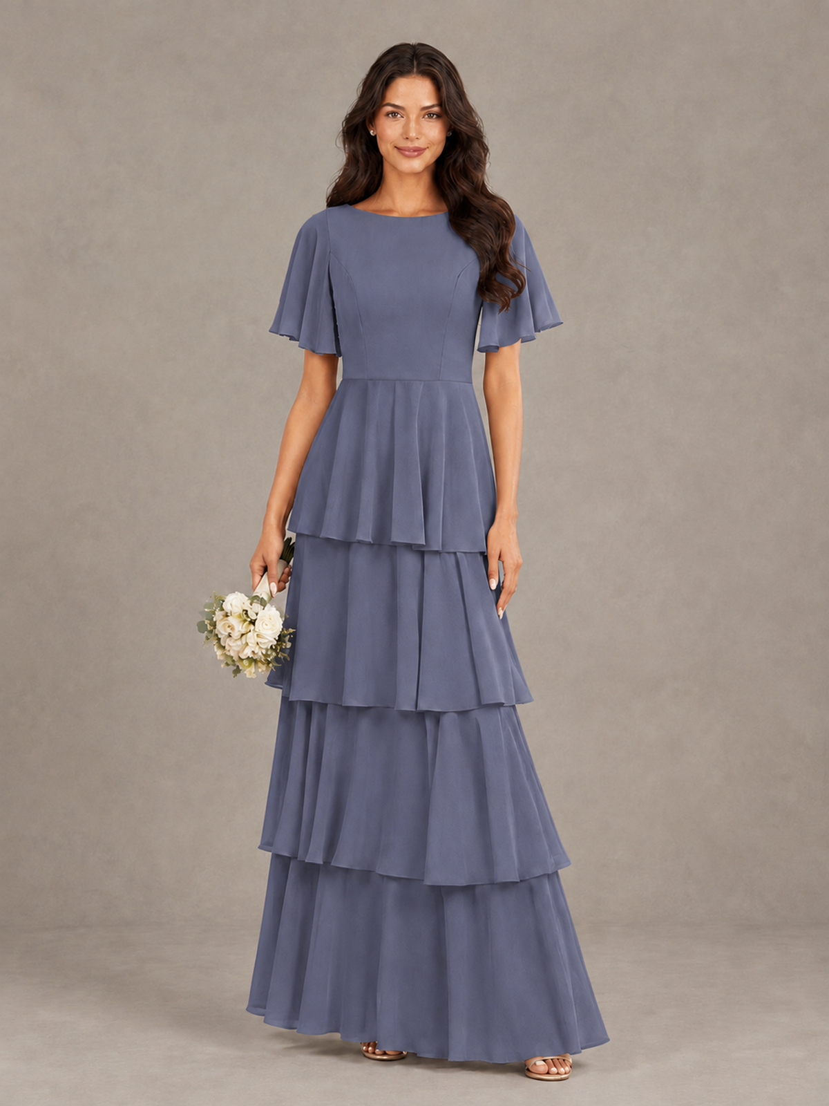 BOLODOO Stormy Blue Tiered Flutter Sleeve Bridesmaid Dress - Stormy Blue - Stormy Blue_1