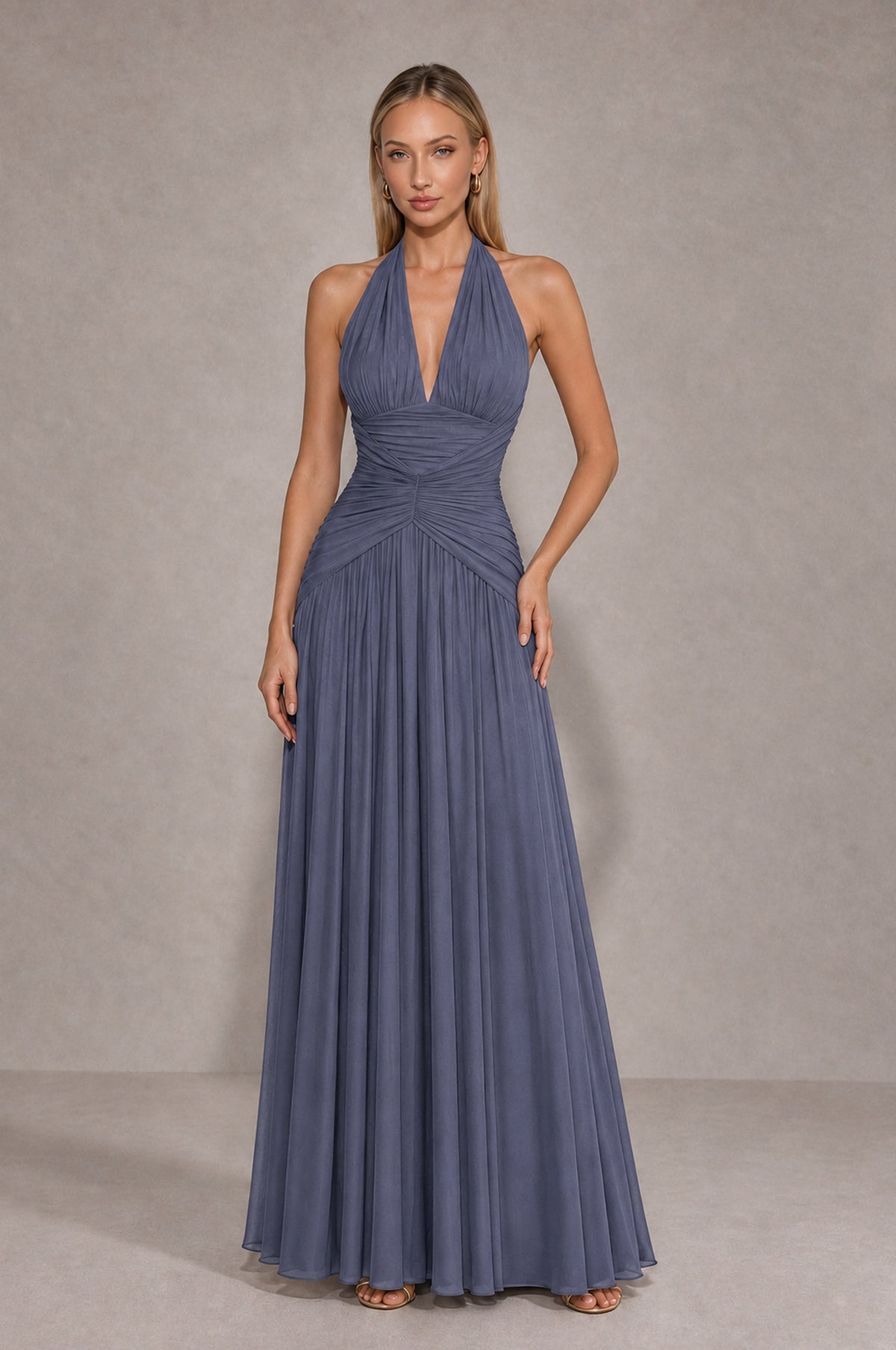 BOLODOO Stormy Blue Chiffon Halter Deep V-Neck Ruched A-Line Backless Maxi Dress with Train-BD0167 - Stormy Blue - Stormy Blue_1