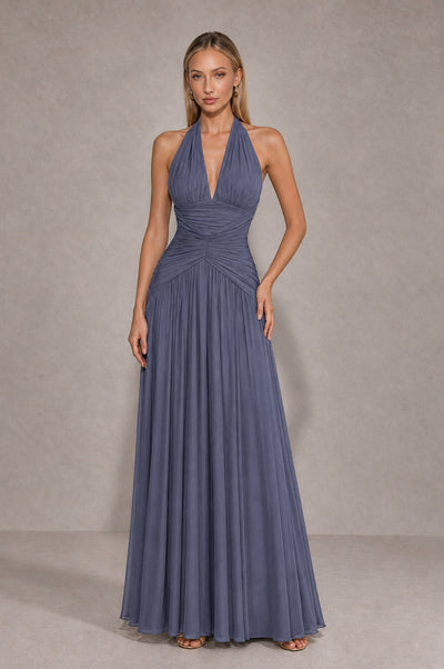 BOLODOO Stormy Blue Chiffon Halter Deep V-Neck Ruched A-Line Backless Maxi Dress with Train-BD0167 - Stormy Blue - Stormy Blue_1