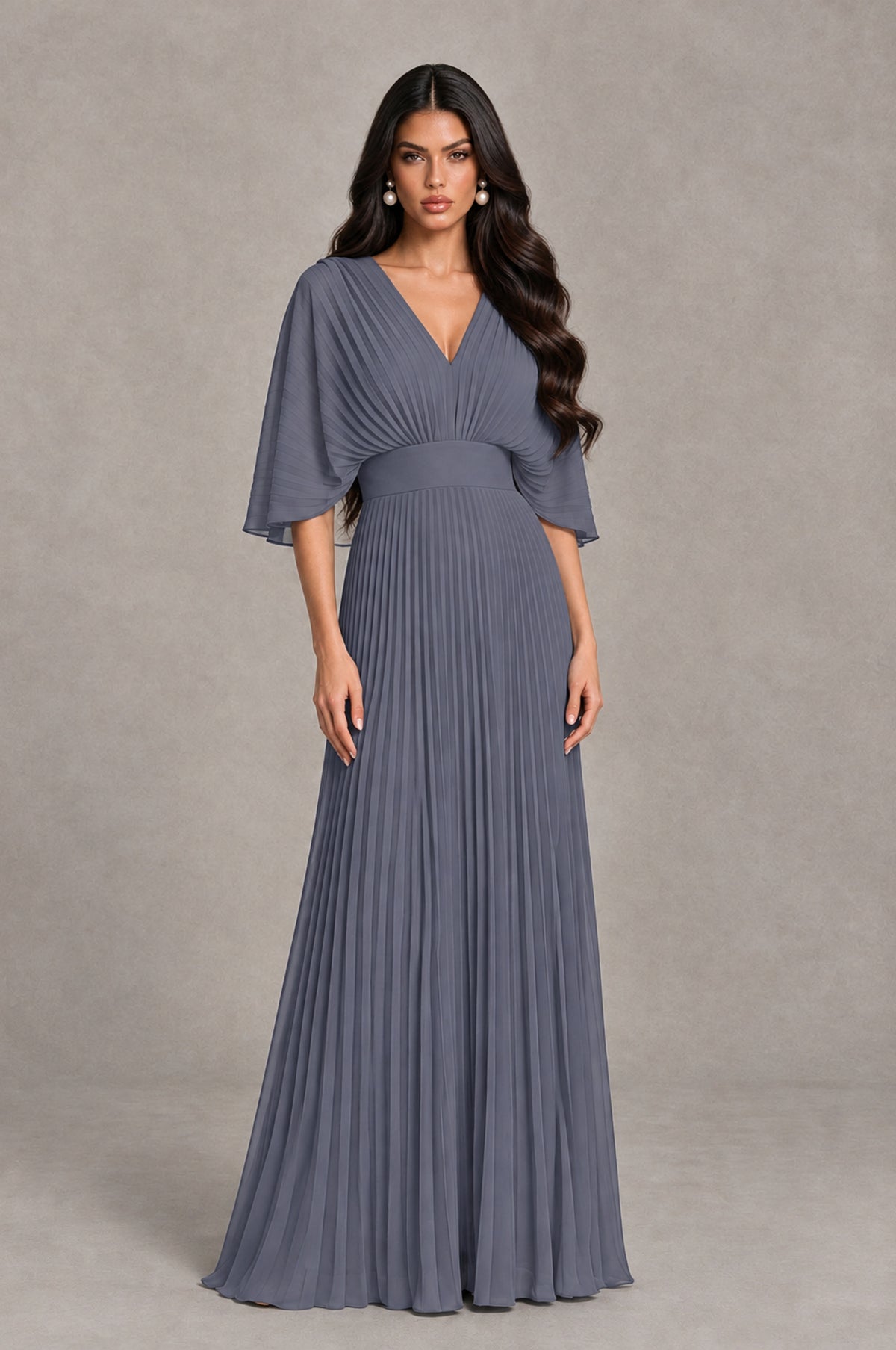 BOLODOO Stormy Blue V-Neck Pleated Flutter Sleeve Formal Dress - Stormy Blue - Stormy Blue_1