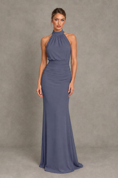 BOLODOO Stormy Blue Chiffon Halter Maxi Formal Wedding Guest Dress - Stormy Blue - Stormy Blue_1