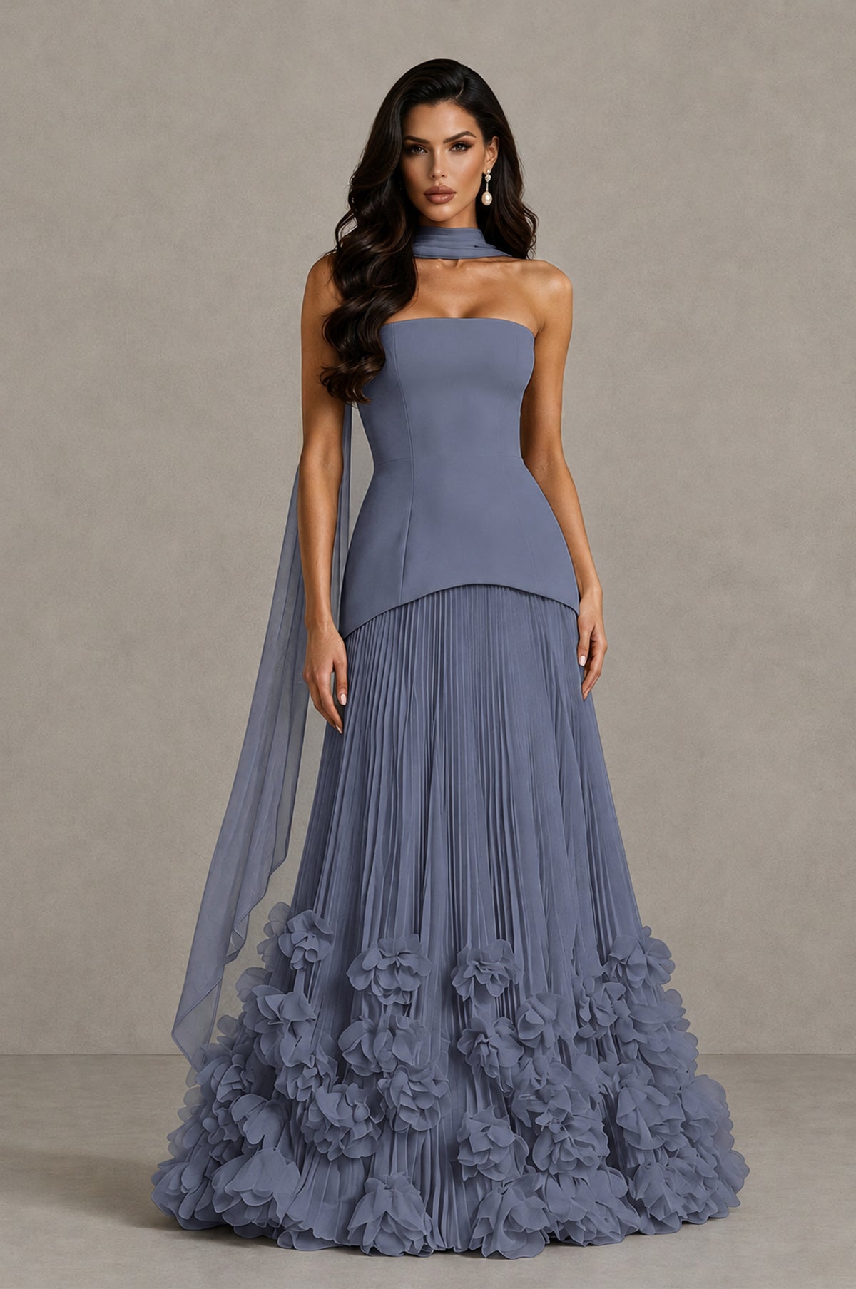 BOLODOO Stormy Blue Strapless Pleated Floral Hem Evening Gown - Stormy Blue - Stormy Blue_1