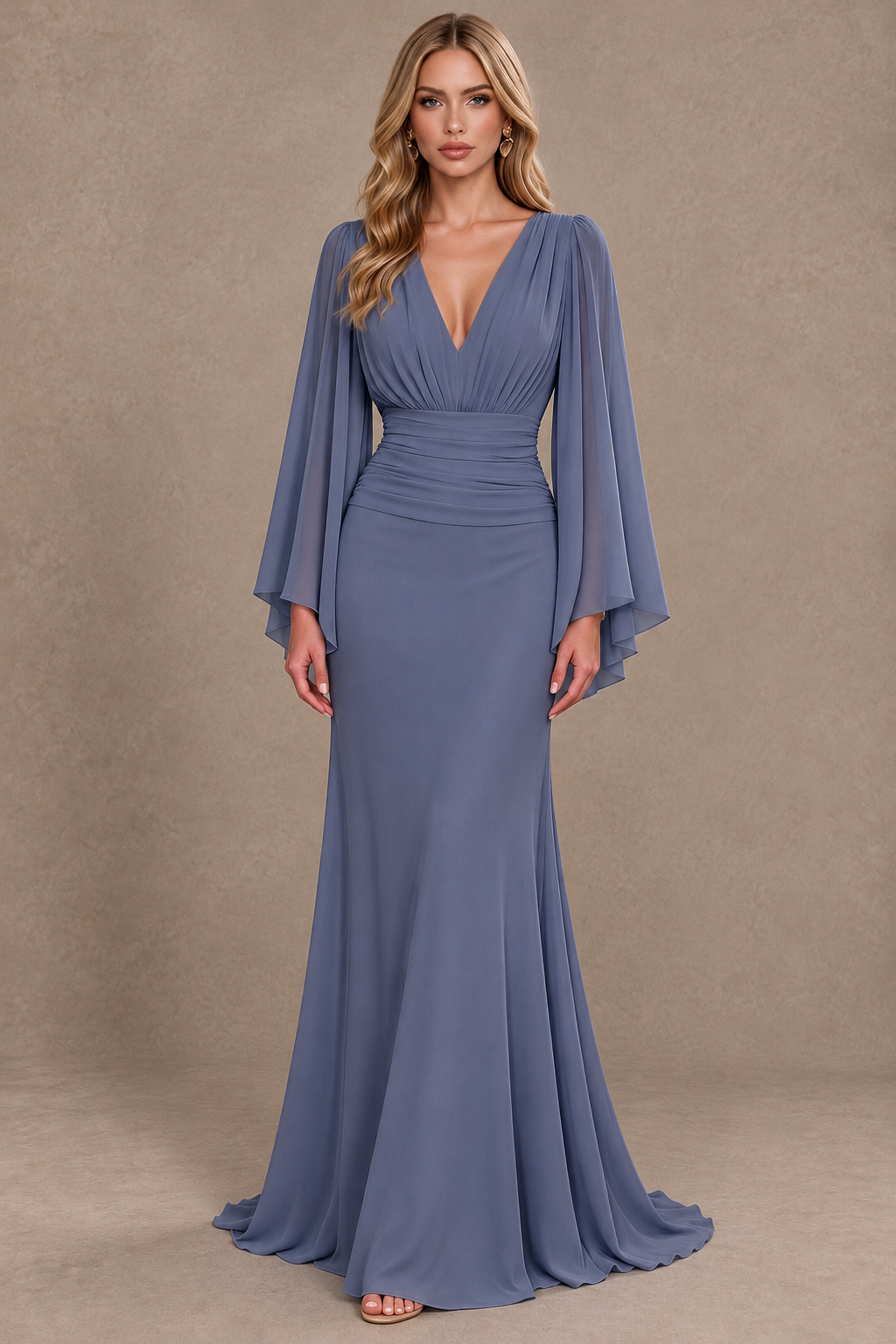 BOLODOO Stormy Blue Cape Sleeve V-Neck Ruched Chiffon Evening Dress - Stormy Blue - Stormy Blue_1