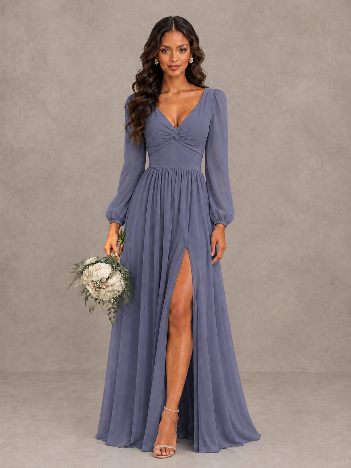 BOLODOO Stormy Blue V-Neck Long Sleeve Bridesmaid Dress with Tie Back and Slit - Stormy Blue - Stormy Blue_1