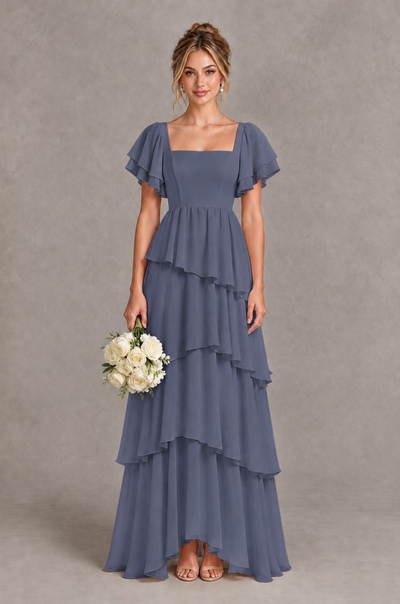 BOLODOO Stormy Blue Square Neck Flutter Sleeve Tiered Chiffon Bridesmaid Dress with Lace-Up Back - Stormy Blue - Stormy Blue_1