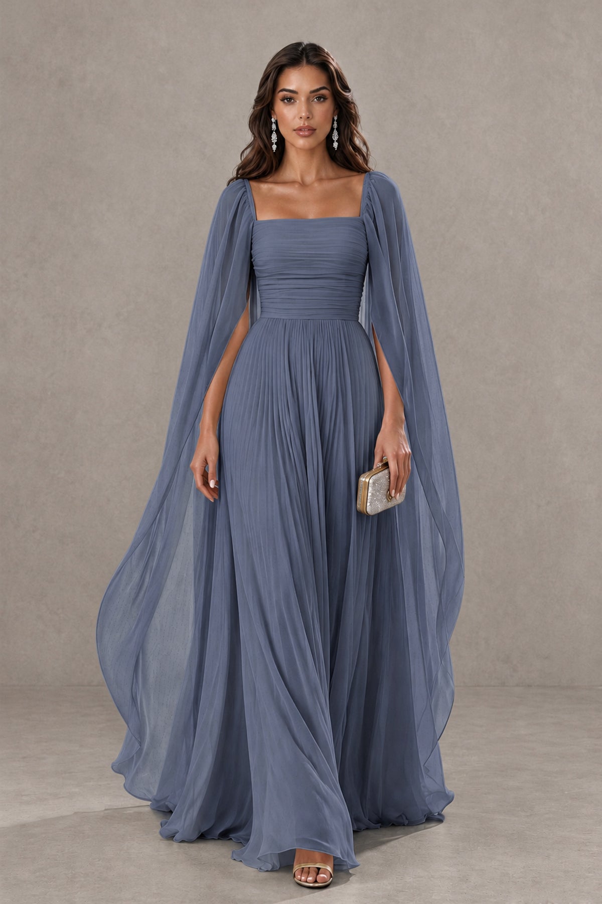BOLODOO Stormy Blue Square Neck Cape Sleeve A-Line Evening Dress - Stormy Blue - Stormy_Blue_1