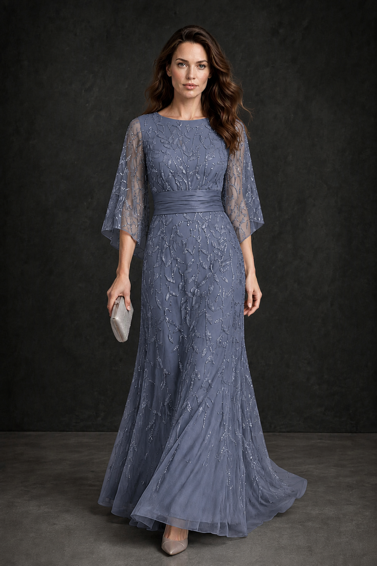 BOLODOO Stormy Blue Bateau Neck Bell Sleeve Sequin Embroidered Satin Waist A-Line Maxi Dress - Stormy Blue - Stormy_Blue_1