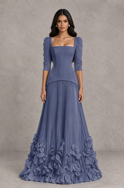 BOLODOO Stormy Blue Square Neck Pleated Floral Applique Evening Dress - Stormy Blue - Stormy Blue_1