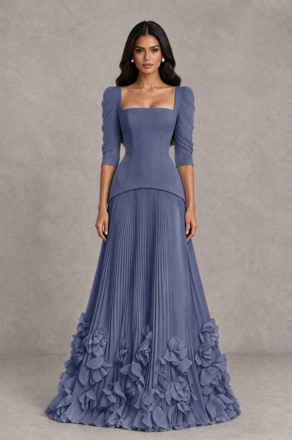 BOLODOO Stormy Blue Square Neck Pleated Floral Applique Evening Dress - Stormy Blue - Stormy Blue_1