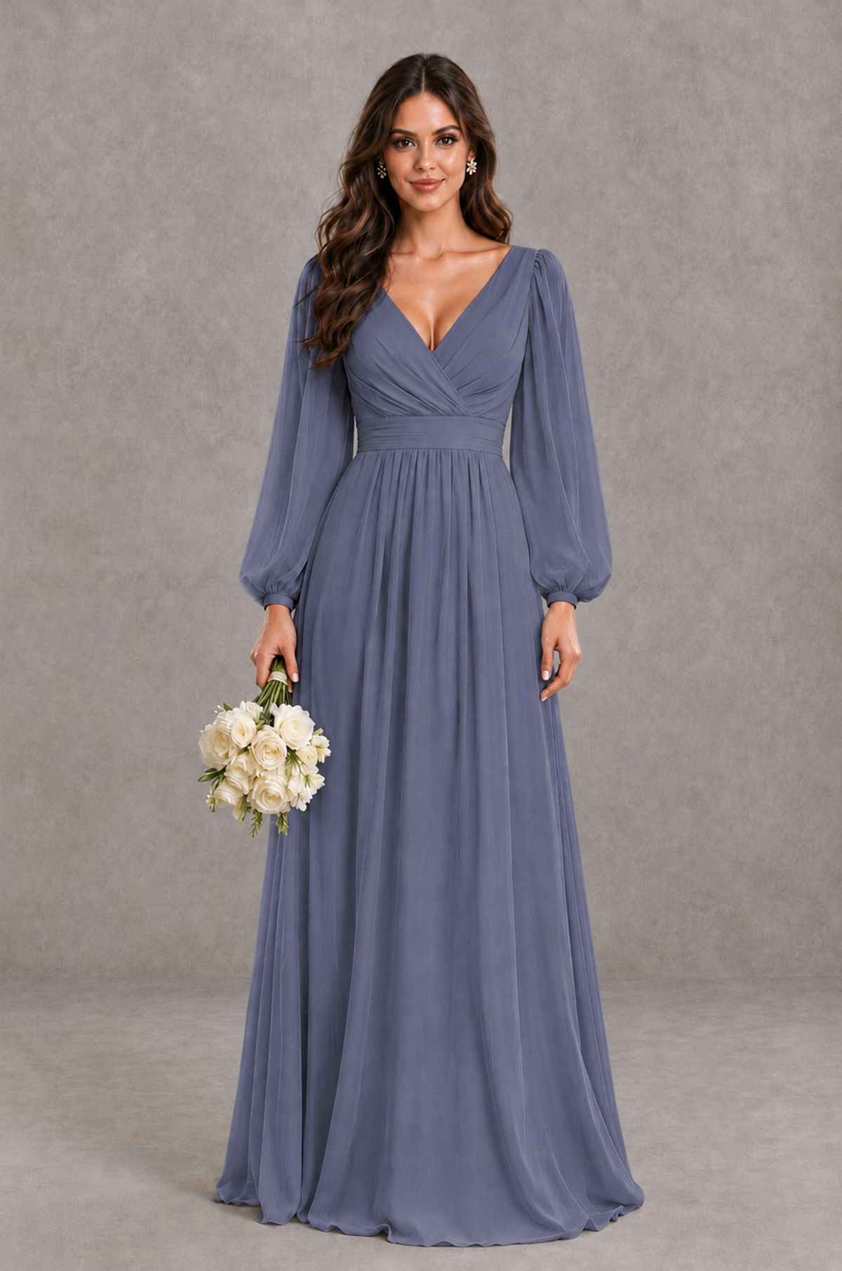 BOLODOO Stormy Blue Long Sleeve V-Neck A-Line Bridesmaid Dress - Stormy Blue - Stormy Blue_1