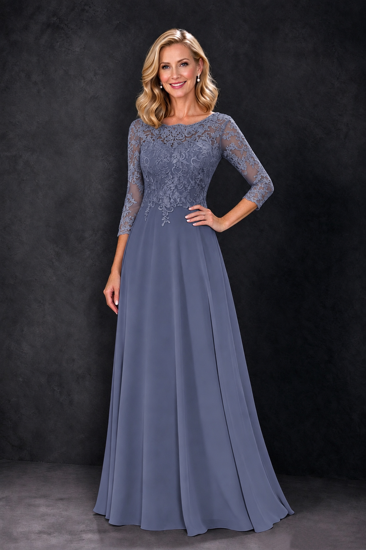 BOLODOO Stormy Blue Lace Embroidered Mother of the Bride Dress with 3/4 Sleeves - Stormy Blue - Stormy Blue_1