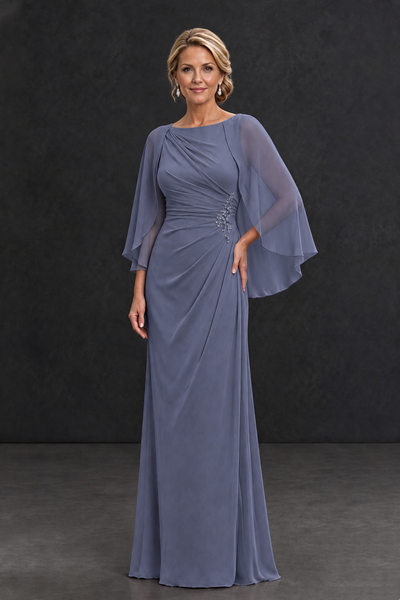 BOLODOO Stormy Blue Cape Sleeve Mother of the Bride Dress with Ruched Waist - Stormy Blue - Stormy Blue_1