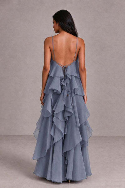 BOLODOO Stormy Blue Cascading Ruffle Rosette Open-Back Maxi Dress - Stormy Blue - Stormy Blue_2