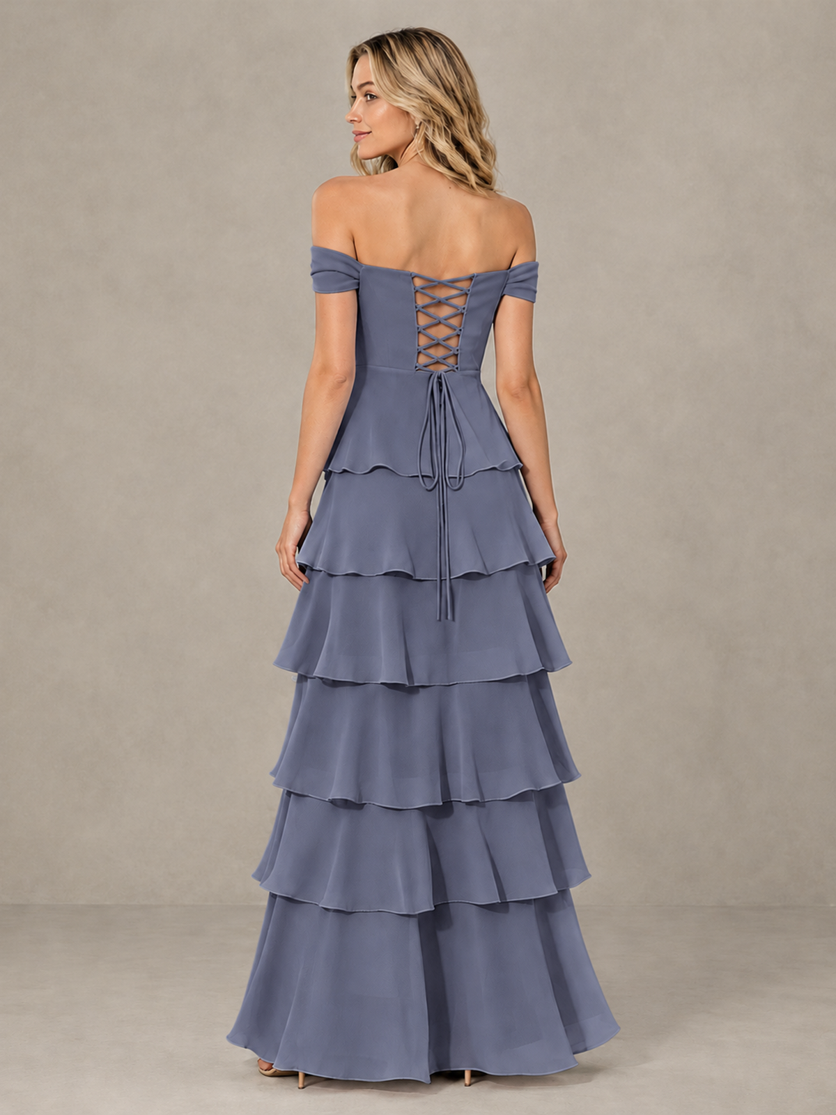BOLODOO Stormy Blue Off-Shoulder Tiered Ruffle Bridesmaid Dress with Lace-Up Back - Stormy Blue - Stormy Blue_2