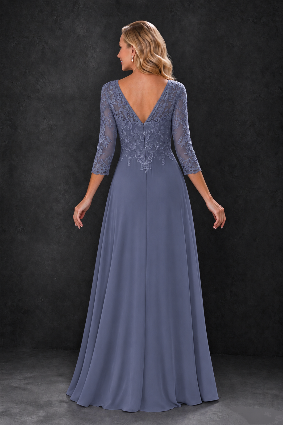 BOLODOO Stormy Blue Lace Embroidered Mother of the Bride Dress with 3/4 Sleeves - Stormy Blue - Stormy Blue_2