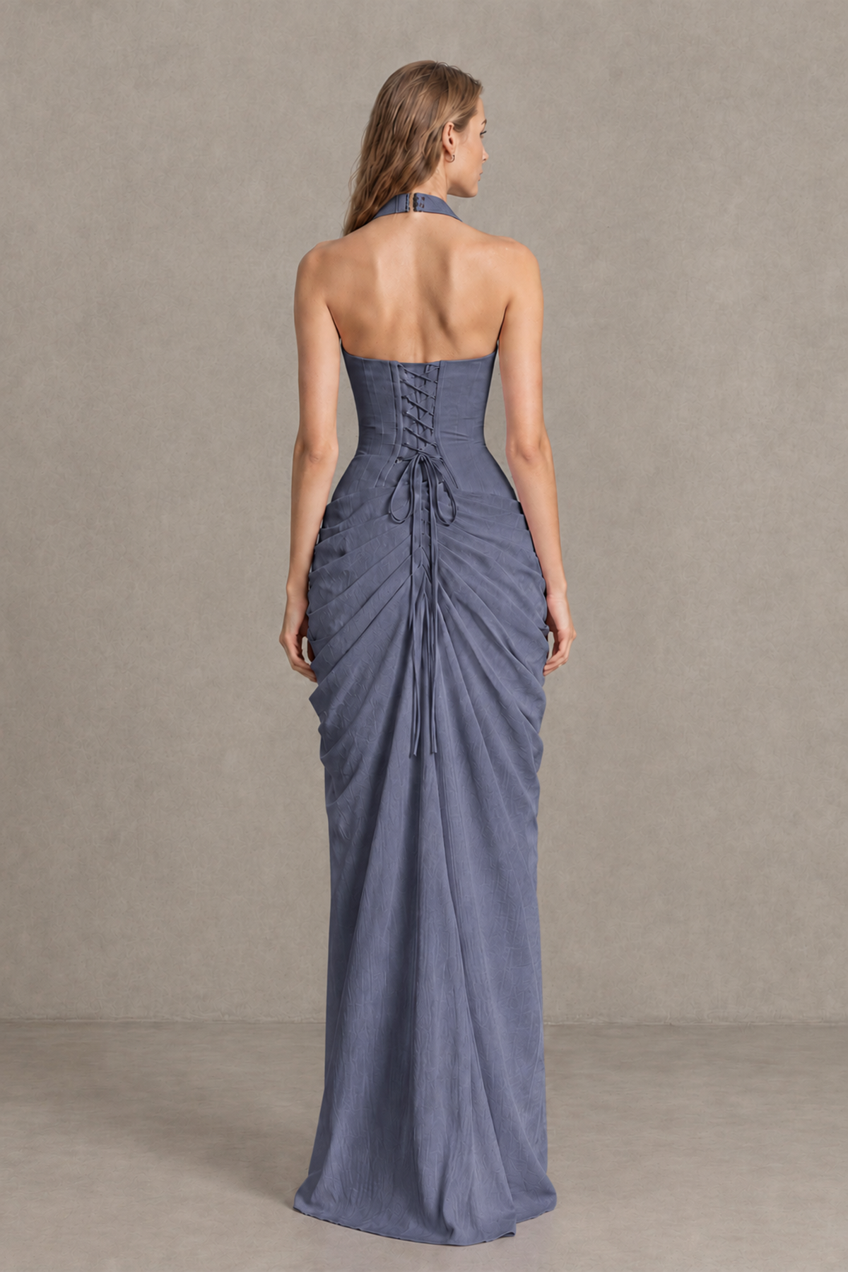 BOLODOO Stormy Blue Halter Neck Ruched Maxi Dress with High Slit - Stormy Blue - Stormy_Blue_2