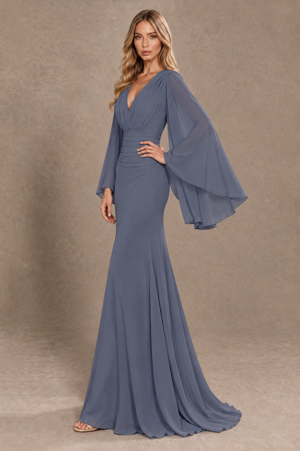BOLODOO Stormy Blue Cape Sleeve V-Neck Ruched Chiffon Evening Dress - Stormy Blue - Stormy Blue_2