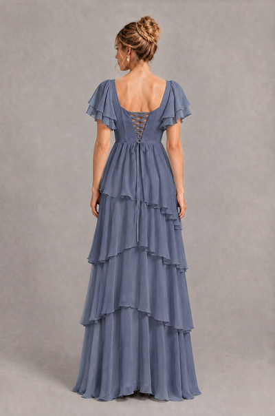 BOLODOO Stormy Blue Square Neck Flutter Sleeve Tiered Chiffon Bridesmaid Dress with Lace-Up Back - Stormy Blue - Stormy Blue_2