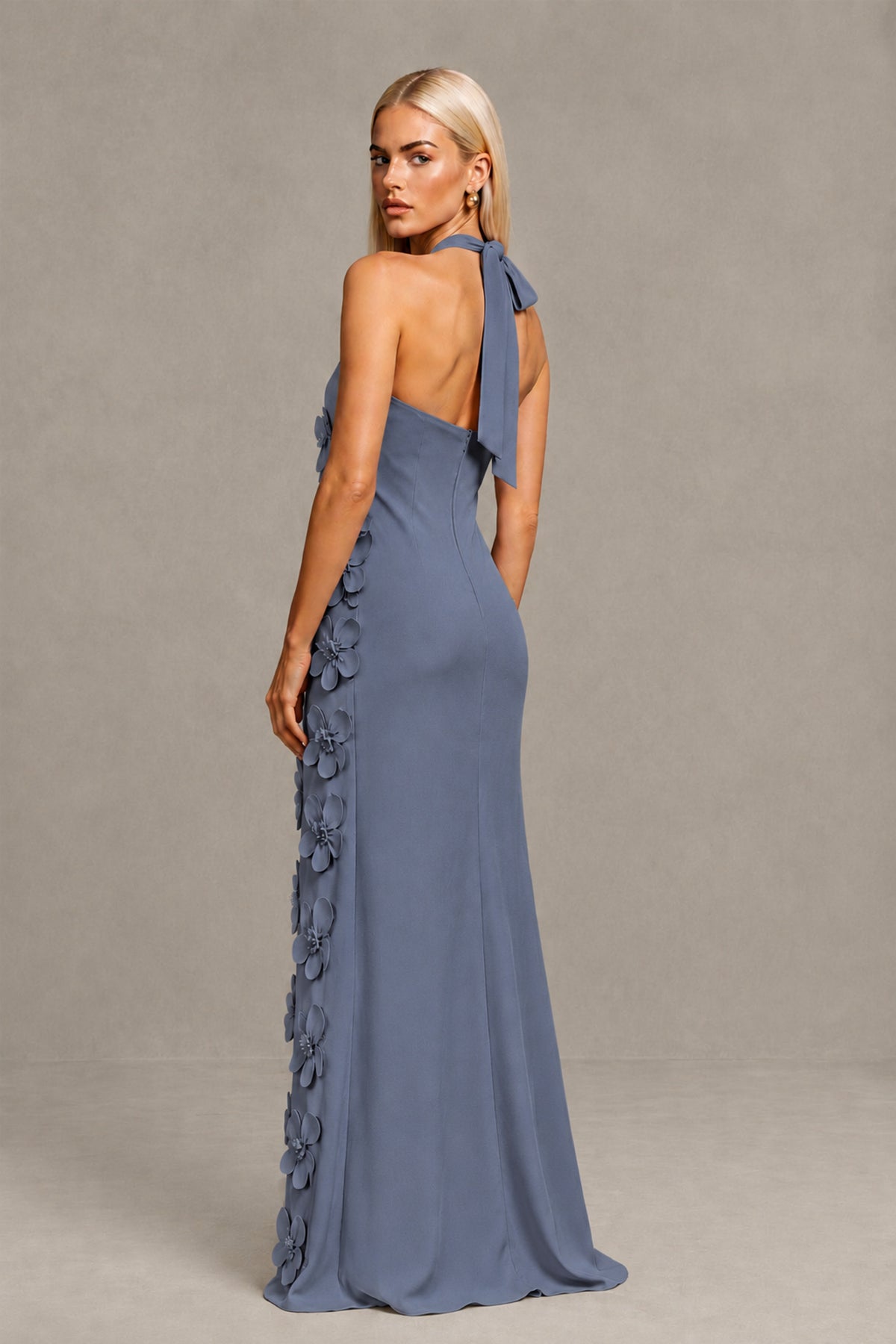 BOLODOO Stormy Blue Cross Halter Neck 3D Floral Appliqué Backless Mermaid Maxi Gown - Stormy Blue - Stormy_Blue_2