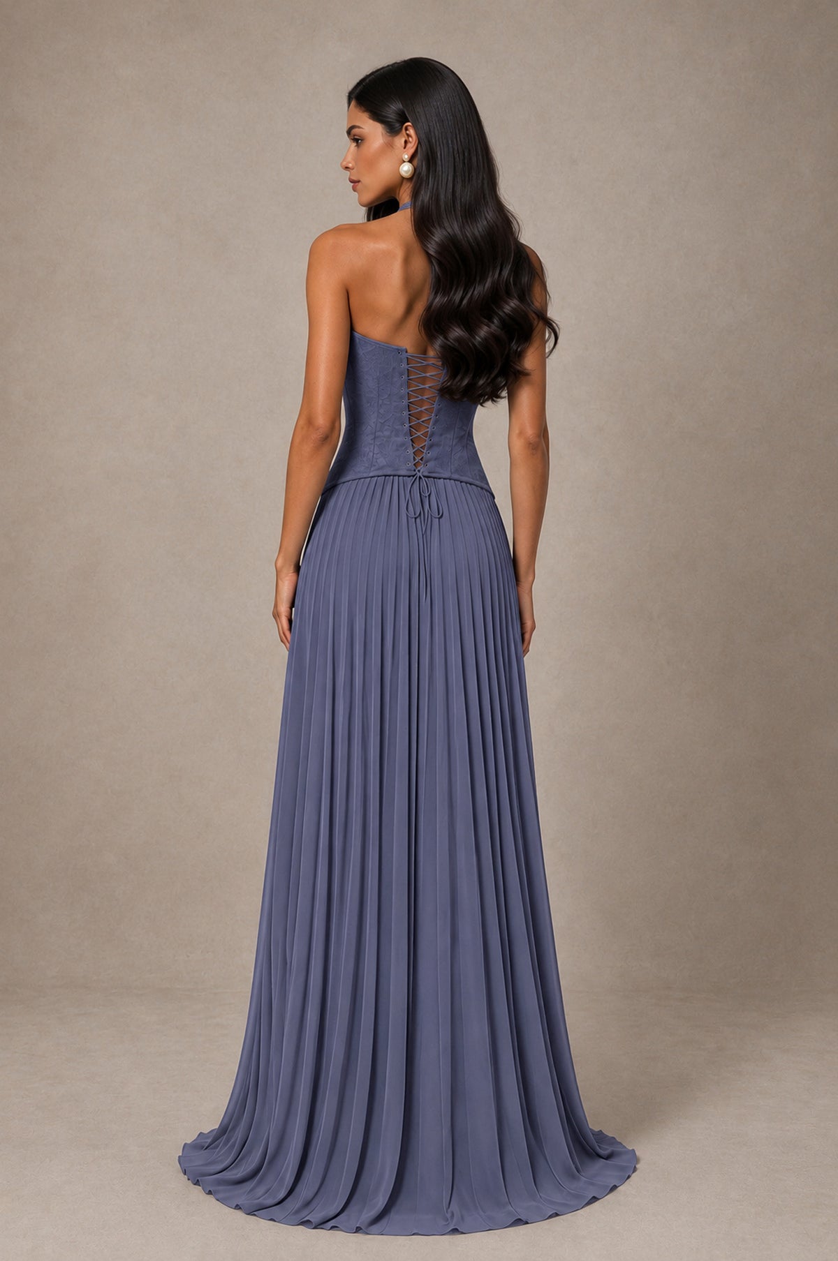 BOLODOO Stormy Blue Halter Corset Pleated A-Line Evening Dress - Stormy Blue - Stormy Blue_2