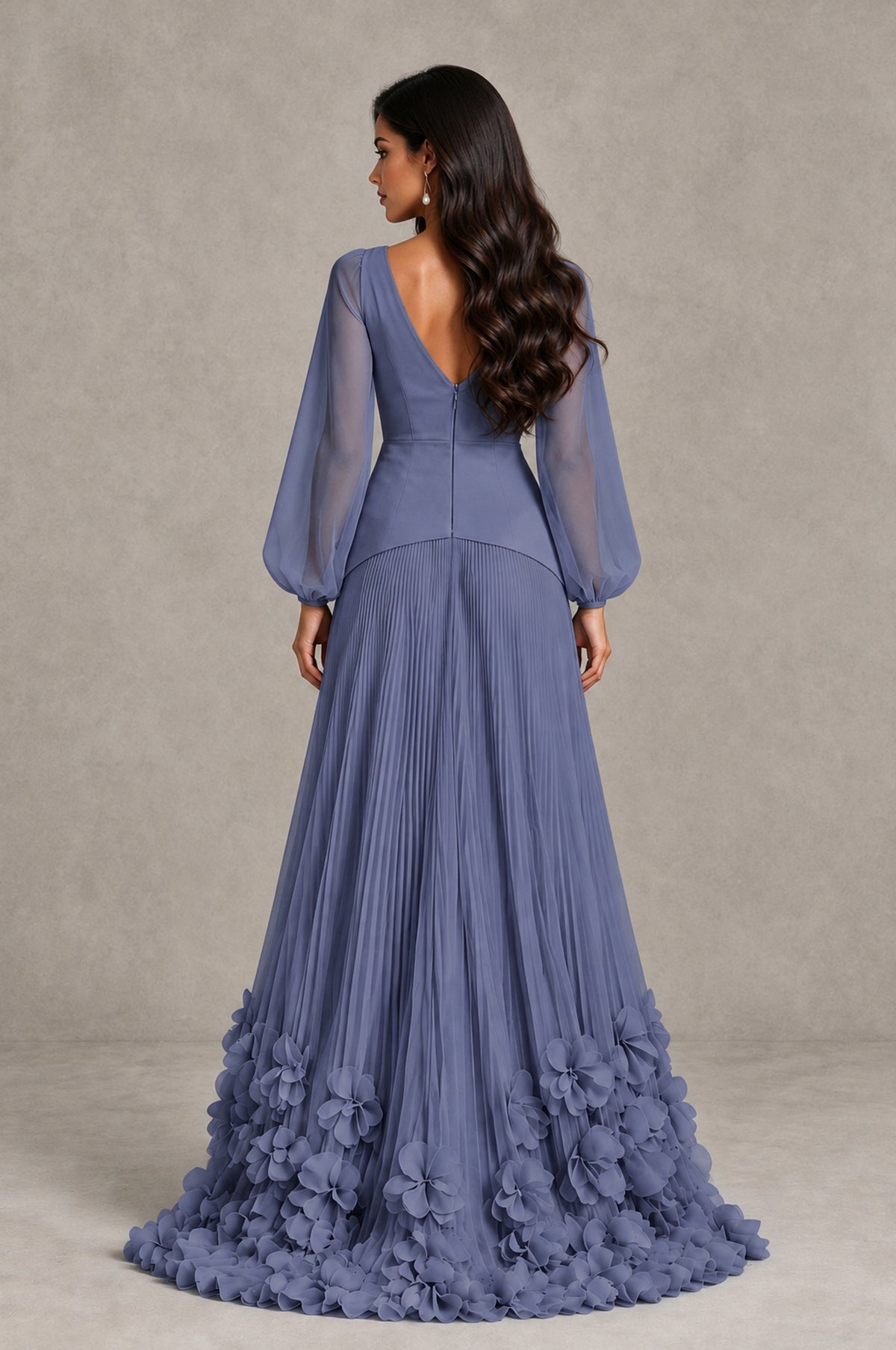 BOLODOO Stormy Blue V-Neck Long Sleeve Pleated Floral Hem Evening Dress - Stormy Blue - Stormy Blue_2