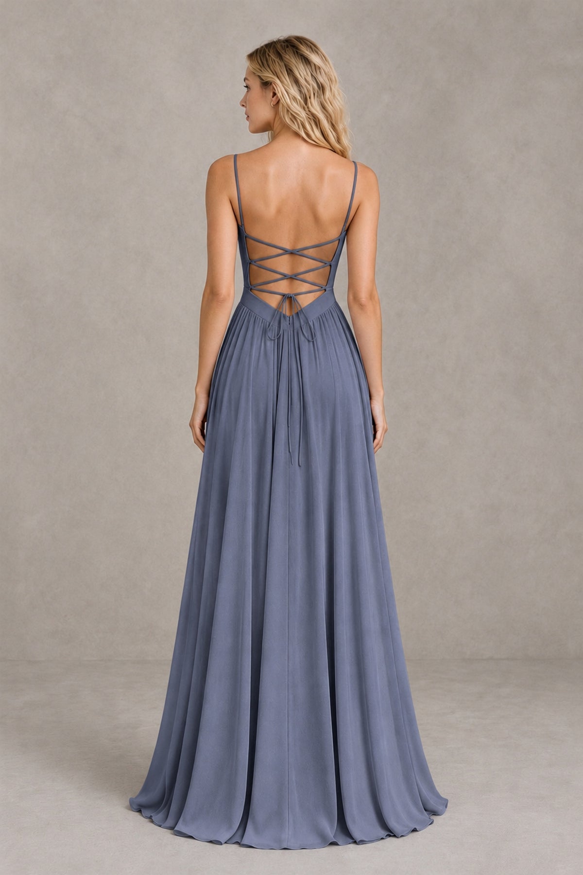 BOLODOO Stormy Blue Spaghetti Strap A-Line Bridesmaid Dress with Slit - Stormy Blue - Stormy Blue_2