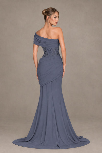 BOLODOO Stormy Blue One-Shoulder Sequin Embroidered Ruched Mermaid Gown with Train - Stormy Blue - Stormy Blue_2