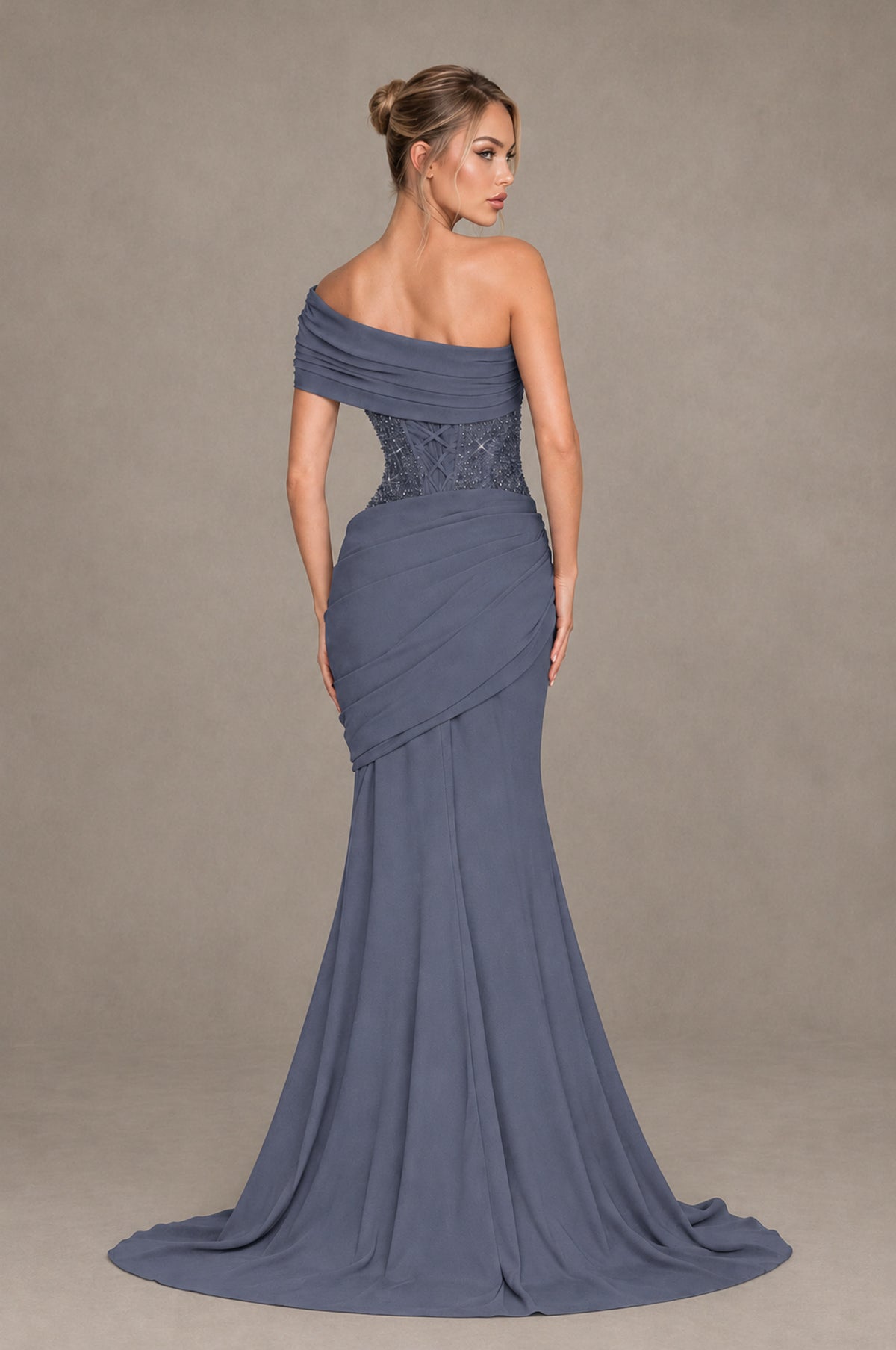 BOLODOO Stormy Blue One-Shoulder Sequin Embroidered Ruched Mermaid Gown with Train - Stormy Blue - Stormy Blue_2