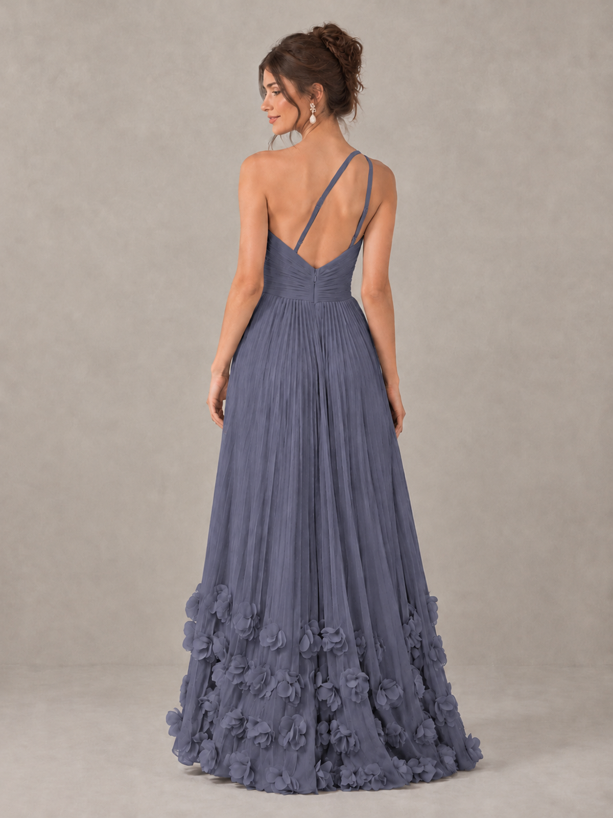 BOLODOO Stormy Blue One-Shoulder Pleated Bridesmaid Dress with 3D Floral Hem - Stormy Blue - Stormy Blue_2