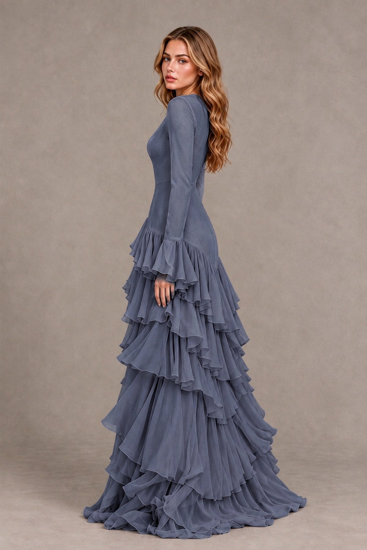 Stormy Blue Long Sleeve Tiered Ruffle Evening Gown - Stormy Blue - Stormy Blue_2